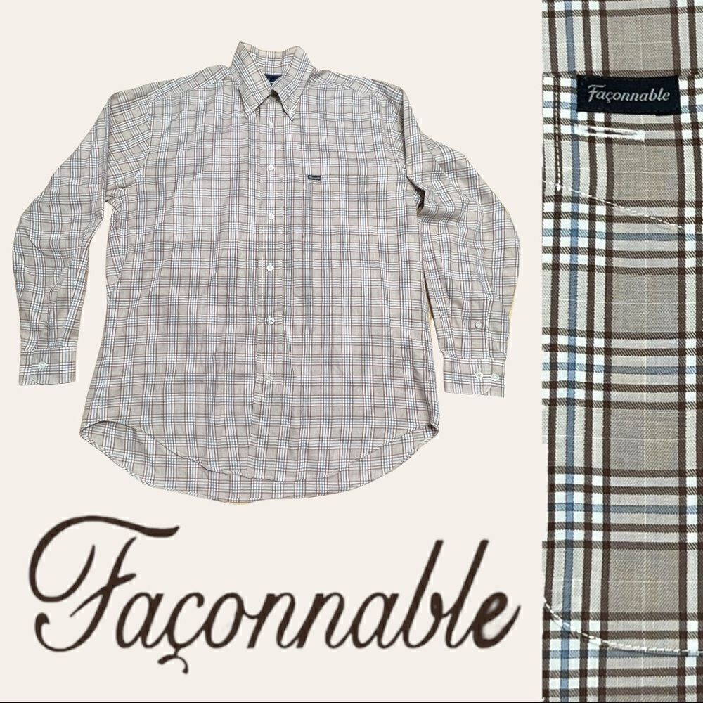 Men’s Faconnable Classique Small Tan Brown & Blue Plaid Button Down